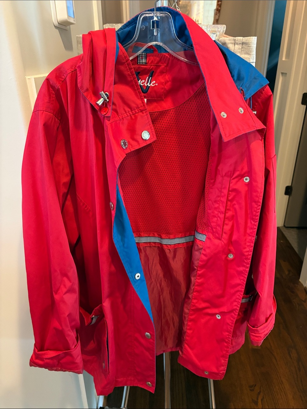 Neyelle Red Hooded Women's Raincoat with Blue Trimand Hood